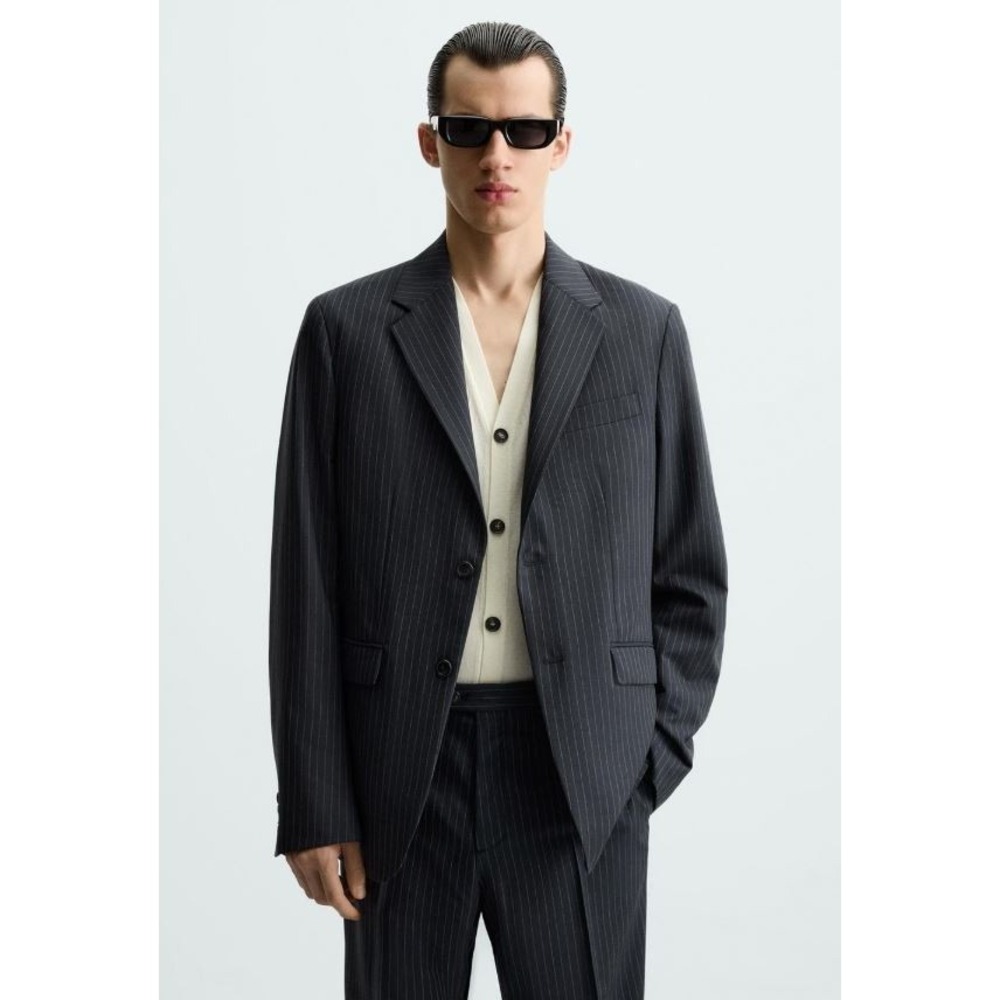 Zara Man men dress jacket blazer sz 40 US 50 EUR black striped 6756/951/422